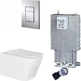 Grohe סט מיכל הדחה 38825000 סמוי GROHE לקירות בלוקים ובטון עם לחצן מלבני ניקל מבריק ואסלה תלויה מלבנית Rimless פאולו לבן מבריק ומושב טריקה שקטה