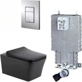 Grohe סט מיכל הדחה 38825000 סמוי GROHE לקירות בלוקים ובטון עם לחצן מלבני ניקל מבריק ואסלה תלויה מלבנית Rimless לונדון שחור מט ומושב טריקה שקטה
