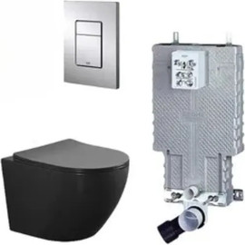 Grohe סט מיכל הדחה 38825000 סמוי GROHE לקירות בלוקים ובטון עם לחצן מלבני ניקל מבריק ואסלה תלויה מעוגלת Rimless טוקיו שחור מט ומושב טריקה שקטה