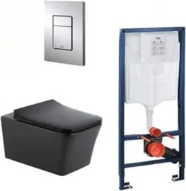 Grohe סט מיכל הדחה 38536001 סמוי GROHE לקירות גבס עם לחצן מלבני ניקל מבריק ואסלה תלויה מלבנית Rimless לונדון שחור מט ומושב טריקה שקטה