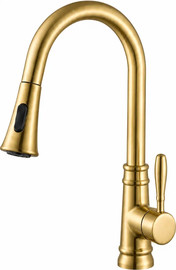 חרסינה ברז מטבח K121BG מגיע עם פיה מסתובבת ונשלפת צבע PVD זהב מט