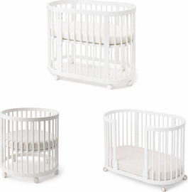 BABY LINE מיטה מעוגלת +עריסה +מיטת מעבר+ מיזרונים מעץ טבעי לבן