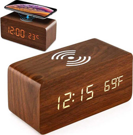 GadgetShop שעון דיגיטלי מעץ עם טעינה אלחוטית QI