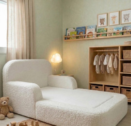 Mamo מיטת מעבר ספוג מונטסורית דגם Lucy מבד טדי בצבע Cotton White מאמו