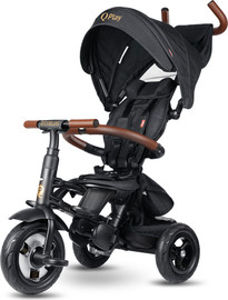 Q Play תלת אופן מפואר מתקפל ריטו דלוקס RITO Delux 2024 עם ריפוד מעובה, מדרך רגליים כפול וחיפויים דמויי עור - שחור