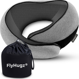 FlyHugz כרית תמיכה ארגונומית וקומפקטית לצוואר צבע אפור | עשויה מבד נושם ורך | כולל תיק נשיאה