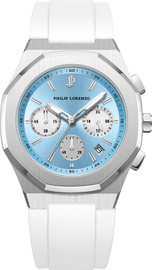 PHILIP LORENZO PL7700 שעון יד לגבר רצועת סילקון לבן לוח תכלת