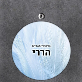 BABY-NAME שלט עץ עגול מעוצב לדלת הבית בכיתוב אישי- דגם טקסטורת נוצה תכלת
