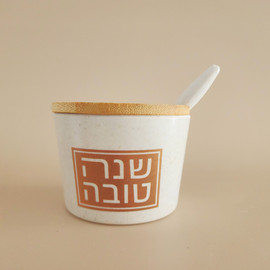 DECOROZ כלי לדבש עם מכסה עץ HONEY JOY זהב