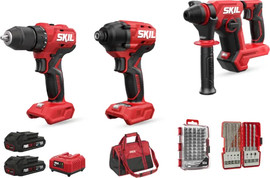 SKIL סט תחזוקה Brushless 20V פטישון נטען + מקדחה נטענת + אימפקט נטענת + שתי סוללות 2.0Ah + מטען + מקדחי SDS + ביטים + תיק
