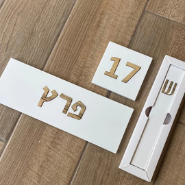 SURI שלט מעוצב לדלת כניסה מבטון בצבע לבן עם כיתוב עץ - דגם Israel