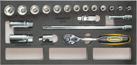 Kasco סט בוקסות מקצועי 3/8 מודולרי KASCO – עם ראצ’ט 72 שיניים, 21 חלקים, מאריכים ובוקסות לפלגים