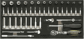 Kasco סט בוקסות 1/4 מודולרי מקצועי 46 חלקים כולל ראצ`ט 72 שיניים + ביטים אלן טורקס פיליפס – בסיס EVA לעגלת כלים