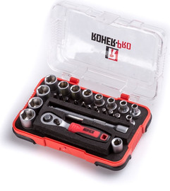 Roher סט בוקסות 1/4" + ביטים 25 חלקים ROHER – כולל ידית רצ`ט ומאריך