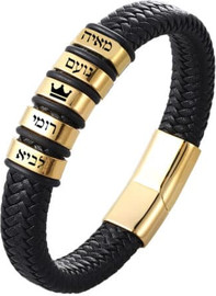 גולרי פקטורי צמיד עור לגבר 5 לוחיות זהב עם צריבה אישית בלייזר