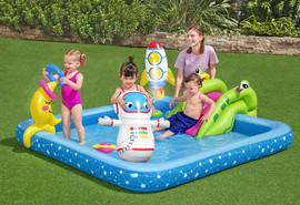 BESTWAY בריכת פעילות BESTWAY, בעיצוב מרכז החלל, הכוללת מגלשה, מתז מים, בריכת שכשוך ומשחקים מתנפחים, דגם 53126
