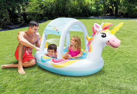 INTEX בריכת INTEX מתנפחת, בעיצוב חד קרן, הכוללת גגון נשלף ומתז מים, דגם 58435