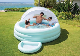 INTEX בריכה משפחתית מתנפחת INTEX הכוללת ספסל ישיבה מובנה+גגון הצללה חלקי+אמבט מתנפח לניקוי כפות הרגליים, סדרת Swim Center מקט 57195