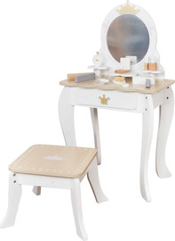 KIDSTORE שידת איפור/שולחן טואלט מעץ עם שרפרף ומראה, כולל מגירת אחסון ואביזרי איפור מעץ, דגם גאיה, מק''ט AW08H206