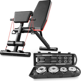 TON SPORTS סט משקולות 50 ק"ג במזוודה + ספת כושר עם כרית יד קדמית