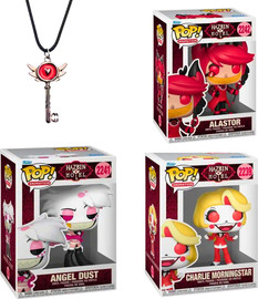 Anime Market באנדל Hazbin Hotel – Funko Pop Charlie #2239 + Alastor #2242 + Angel Dust #2241 + שרשרת המפתח