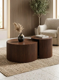 jcrhome סט זוג שולחנות סלון עגולים מעוצבים – דגם סרגלי עץ