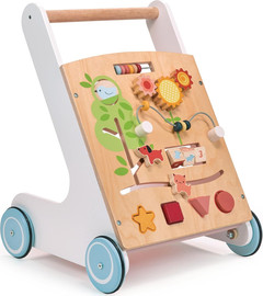Tender Leaf Toys הליכון פעילות לתינוק מעץ עם פעלולון, התאם צורה ופסי גומי בגלגלים