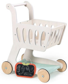 Tender Leaf Toys עגלת קניות מעץ עם גלגלי גומי, תחתית בד ולוח רשימת קניות