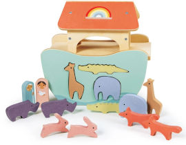Tender Leaf Toys תיבת נח התאם צורה מעץ עם מכסה נפתח ו 6 זוגות חיות