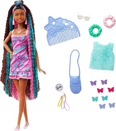 Barbie בובת ברבי Totally Hair עם שיער ארוך (22 ס"מ) קליפסים משני צבע ושלל אביזרים - תכלת
