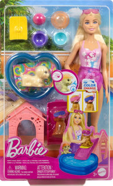 Mattel ברבי מסיבת בריכה לגורים – ערכת משחק חגיגית עם בובה וחיות מחמד - Barbie