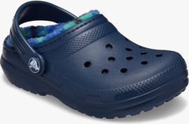 Crocs Crocs Kids’ Classic Lined Bold Check Clog - כפכפי פרווה קלוג קרוקס לילדים בצבע נייבי