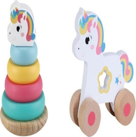 Pit Toys מיני מגדל טבעות וצעצוע דחיפה על גלגלים - חד קרן