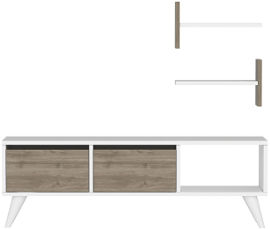 Tudo Design מזנון טלויזיה לבן משולב גוון טבעי וזוג מדפים תואם
