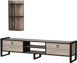 Tudo Design מזנון לסלון בגוון אורן טבעי עם רגלי מתכת ומעמד מדפים
