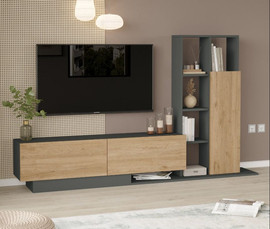 Twins design מזנון עומד מעוצב בצבע אפור בשילוב עץ עם מדפים דגם אבי מבית Twins Design