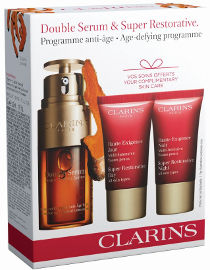 CLARINS DOUBLE SERUM מארז סרום + קרם יום SUPER-RESTORATIVE + קרם לילה לכל סוגי העור