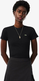 LACOSTE חולצת טישירט קצרה לקוסט Slim Fit Ribbed Cotton נשים - לקוסט - Black