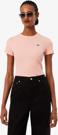 LACOSTE חולצת טישירט קצרה לקוסט Slim Fit Ribbed Cotton נשים - לקוסט - Pink