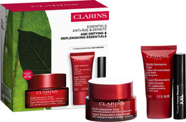 CLARINS SUPER RESTORATIVE סט קרם יום + קרם לילה + מסקרה XXL + תיק רחצה