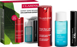 CLARINS TOTAL EYE LIFT סט קרם עיניים + מסיר איפור אינטנסיבי + מסקרה XXL + תיק רחצה