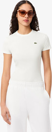 LACOSTE חולצת טישירט קצרה לקוסט Slim Fit Ribbed Cotton נשים - לקוסט - White