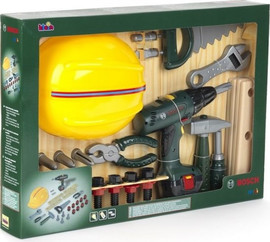 BOSCH סט כלי עבודה + מברגה חשמלית + קסדה בוש לילדים מבית Klein Bosch Mini