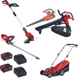 EINHELL סט 4 כלים נטען מושלם :מפוח עלים 2ב1 36V+ חרמש + מכסחת דשא + גוזם גדר חי 18V