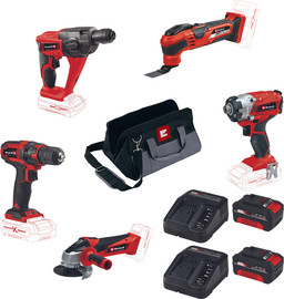EINHELL סט 5 כלים נטען מושלם : מבגרת אימפקט + פטישון +מברגה/מקדחה + מולטיטול + משחזת זוית 18V