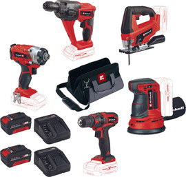 EINHELL סט 5 כלים נטען מושלם : מבגרת אימפקט + פטישון +מברגה/מקדחה + משור אנכי + מלטשת עגולה 18V