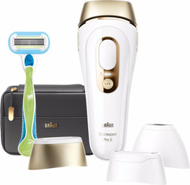 BRAUN מסיר שיער בטכנולוגיית IPL כולל 3 ראשי הסרה, סכין ותיק מהודר Braun בראון Silk-expert Pro 5 PL5243