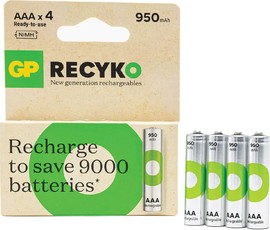 GP 4 סוללות AAA נטענות 950mAh תוצרת GP Recyko