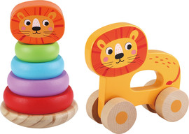 Pit Toys מגדל טבעות מתנדנד מעץ 6 חלקים + צעצוע דחיפה מתגלגל בדמות אריה