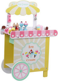 Pit Toys עגלת גלידה מעץ על גלגלים + 16 אביזרי משחק - צהוב